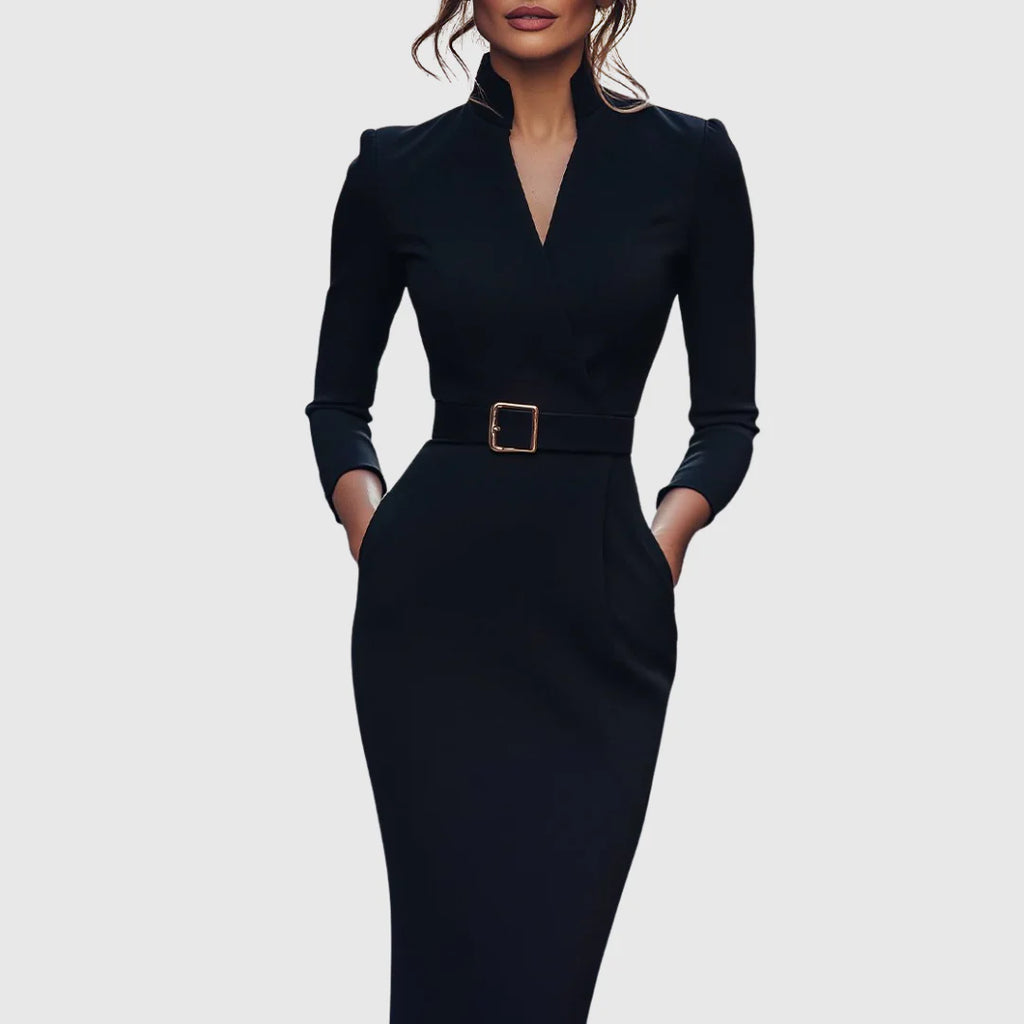 Esme | Women’s Belted Midi Dress With Mock Wrap Neckline