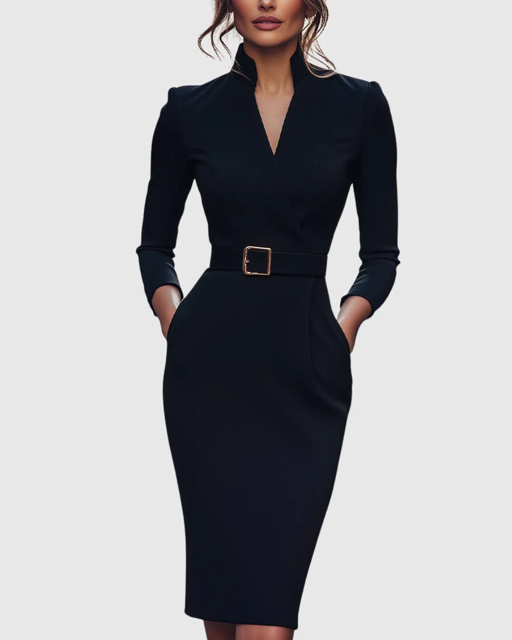 Esme | Women’s Belted Midi Dress With Mock Wrap Neckline