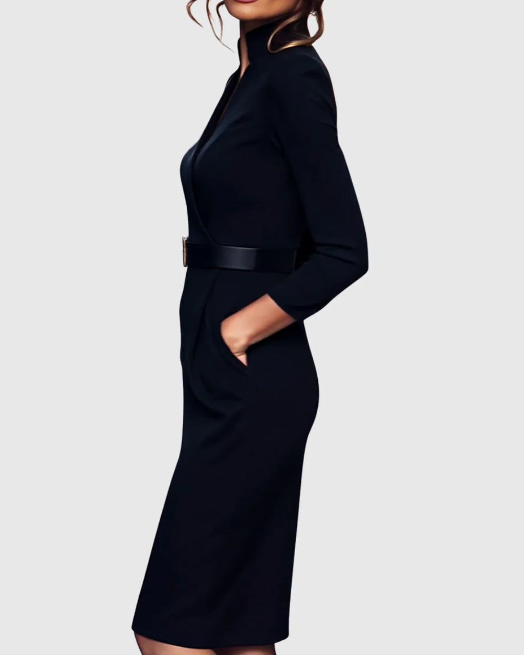 Esme | Women’s Belted Midi Dress With Mock Wrap Neckline