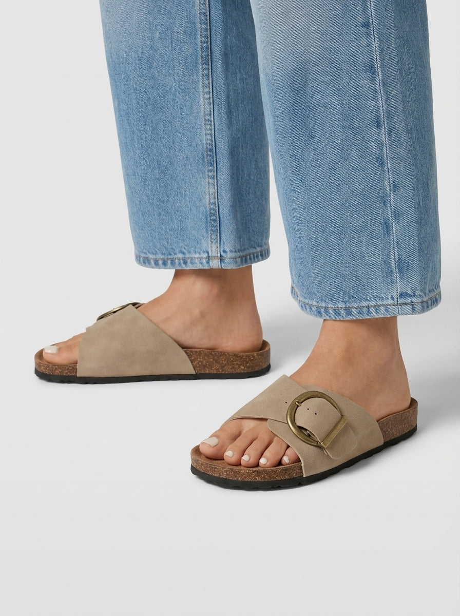 Olivia | Double Strap Buckle Slide Flat Sandals