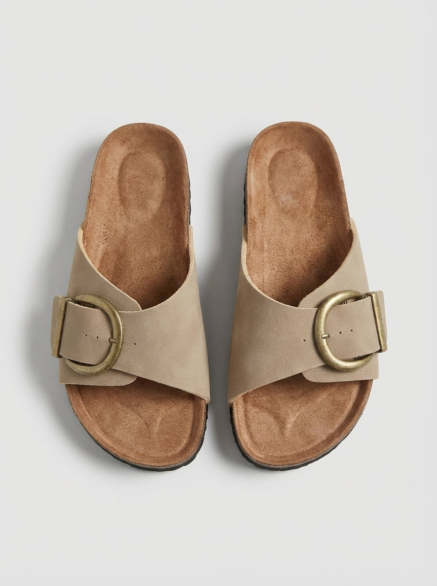 Olivia | Double Strap Buckle Slide Flat Sandals