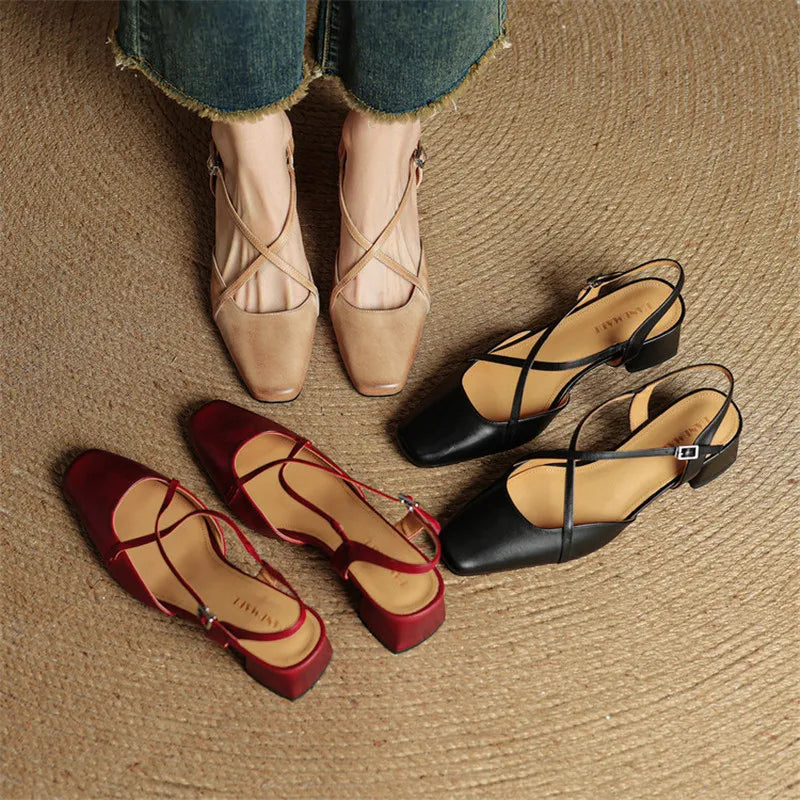 Chloe | Women’s Closed Toe Cross Strap Block Heel Pumps