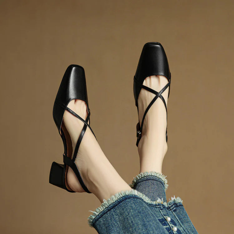 Chloe | Women’s Closed Toe Cross Strap Block Heel Pumps