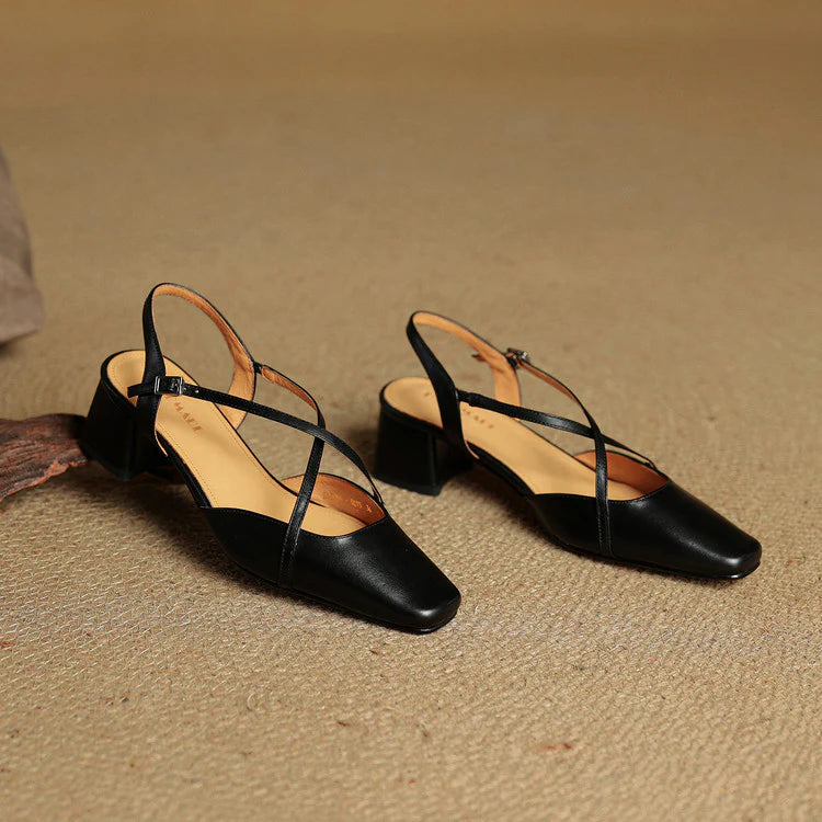 Chloe | Women’s Closed Toe Cross Strap Block Heel Pumps
