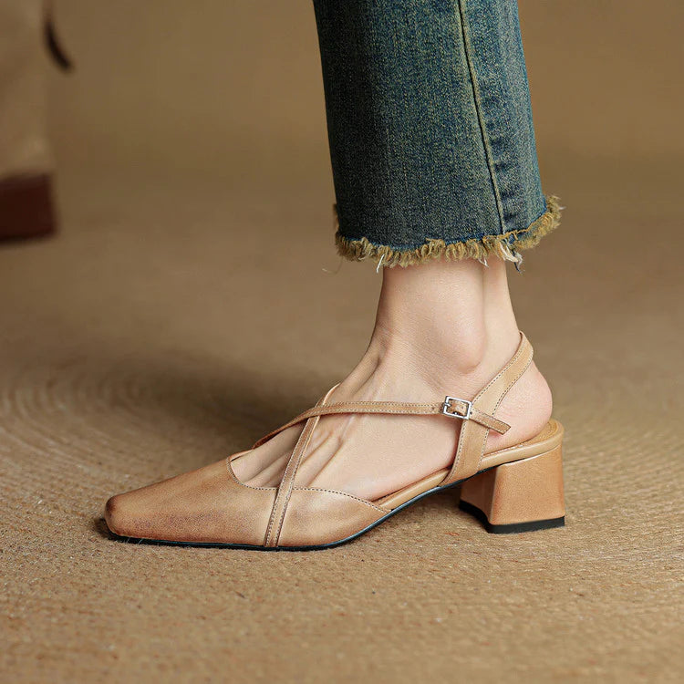 Chloe | Women’s Closed Toe Cross Strap Block Heel Pumps