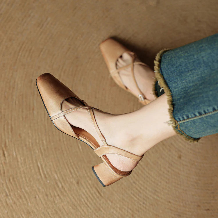 Chloe | Women’s Closed Toe Cross Strap Block Heel Pumps
