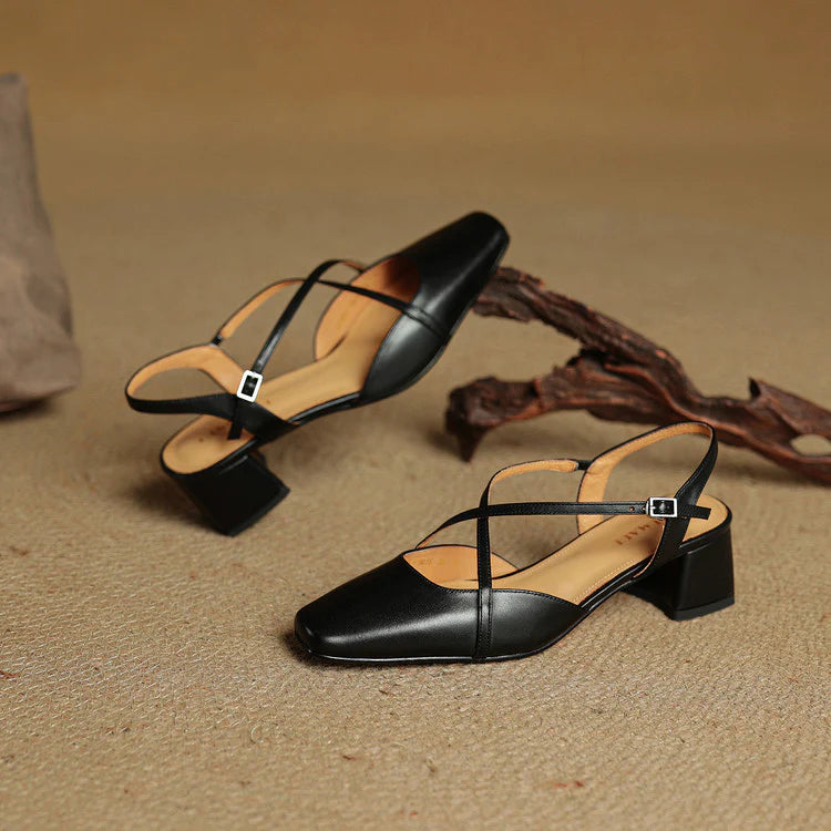 Chloe | Women’s Closed Toe Cross Strap Block Heel Pumps