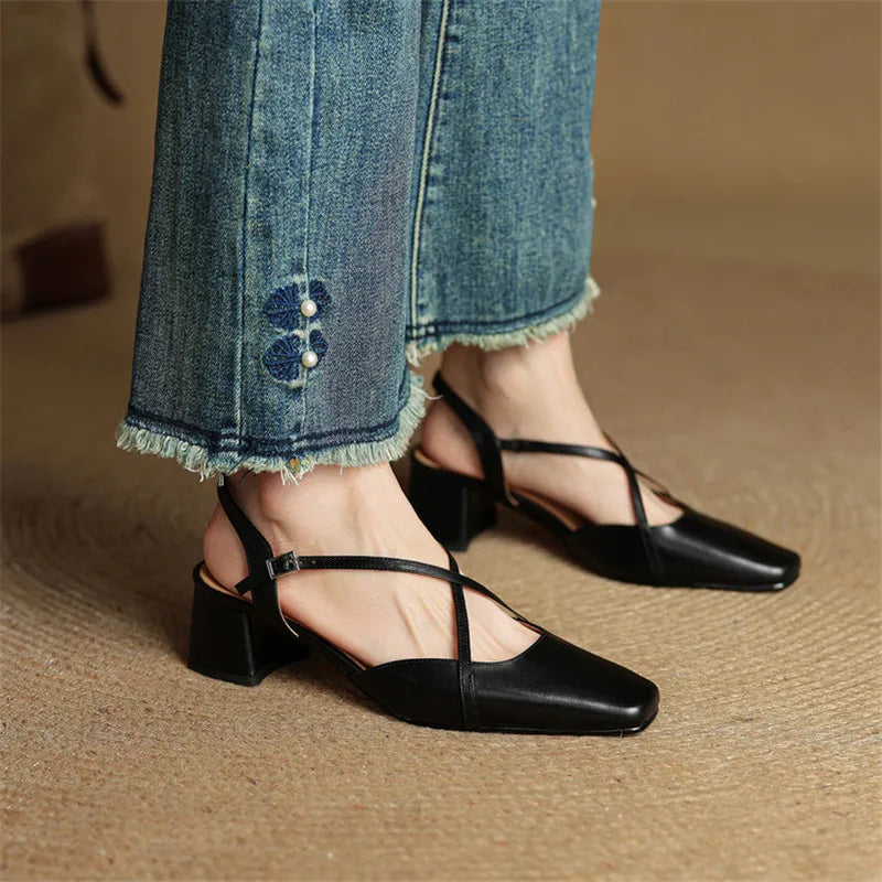 Chloe | Women’s Closed Toe Cross Strap Block Heel Pumps