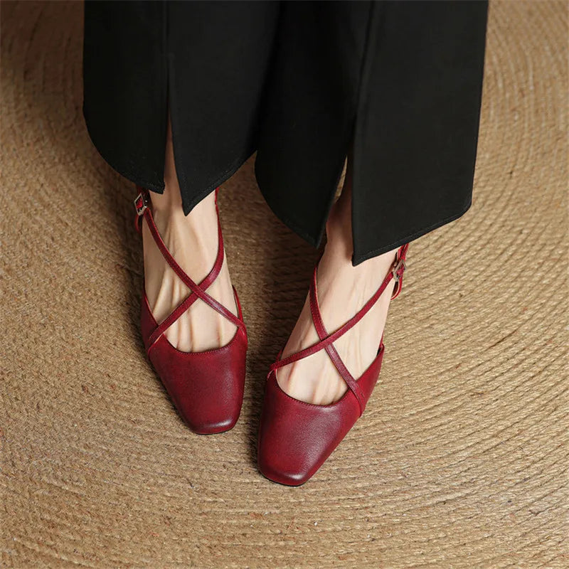Chloe | Women’s Closed Toe Cross Strap Block Heel Pumps