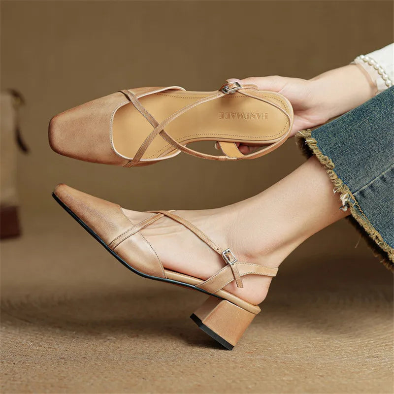 Chloe | Women’s Closed Toe Cross Strap Block Heel Pumps