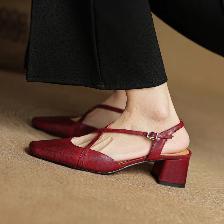 Chloe | Women’s Closed Toe Cross Strap Block Heel Pumps