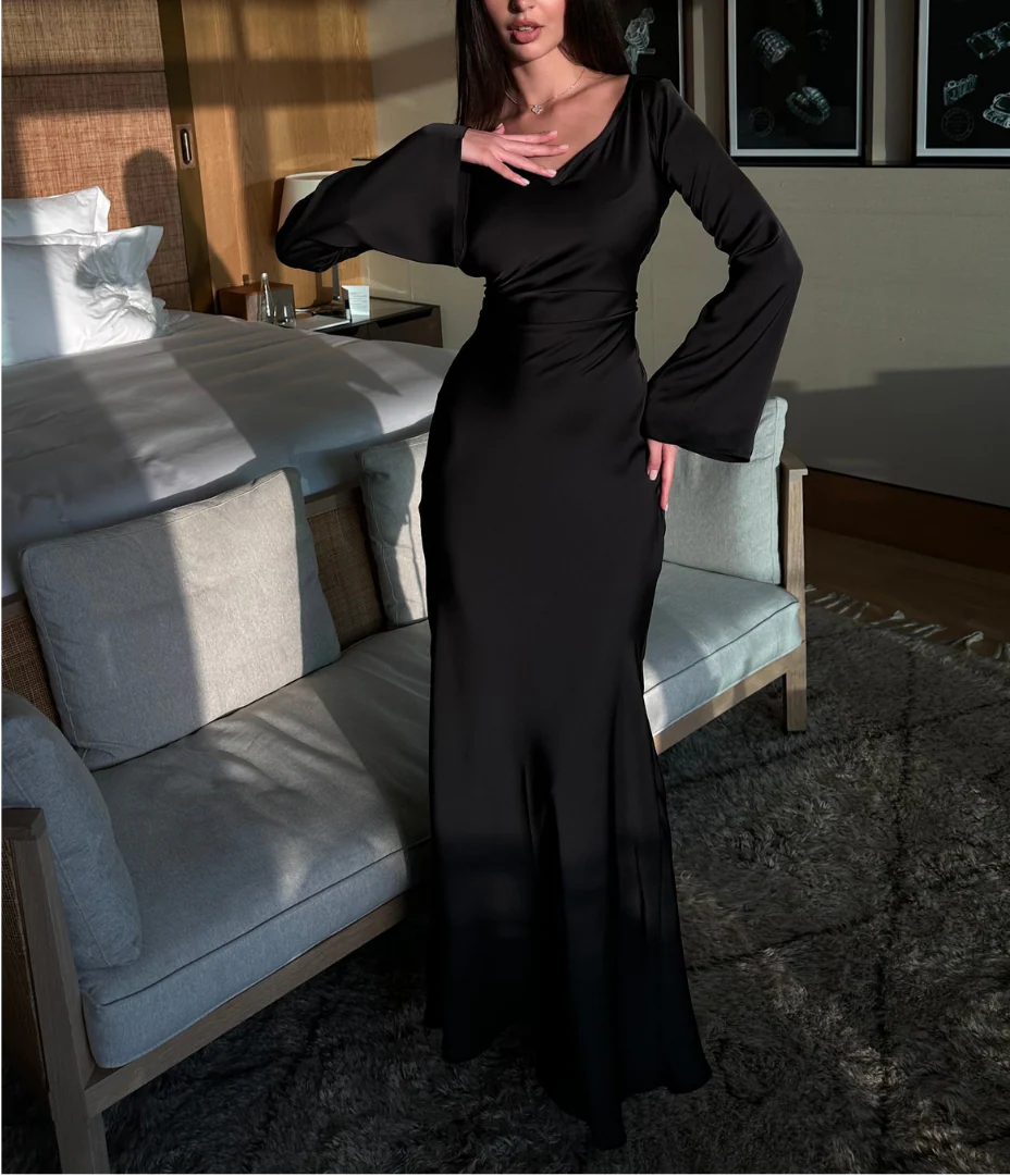 Aceria | Women's Long Sleeve Fitted Cowl Neck Wedding Guest Dress