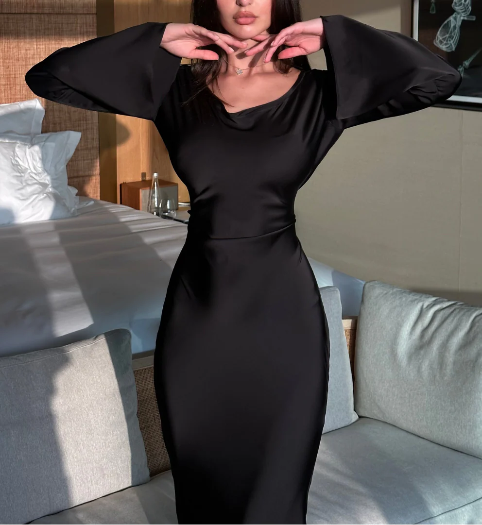 Aceria | Women's Long Sleeve Fitted Cowl Neck Wedding Guest Dress