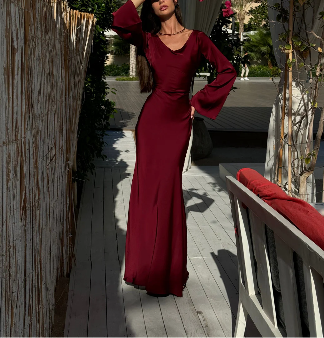Aceria | Women's Long Sleeve Fitted Cowl Neck Wedding Guest Dress