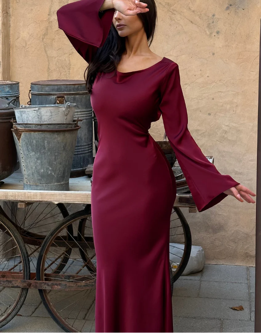 Aceria | Women's Long Sleeve Fitted Cowl Neck Wedding Guest Dress