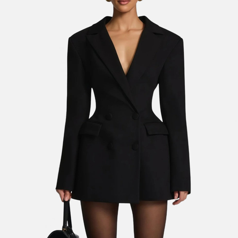 Adalyn | Women's Fitted Long Sleeve V Neck Black Mini Dress