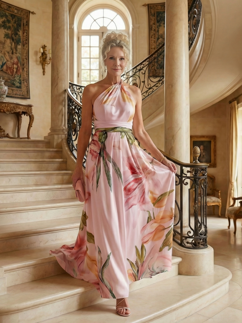 Adelheid | Women's Sleeveless Floral Halter Neck Maxi Dress