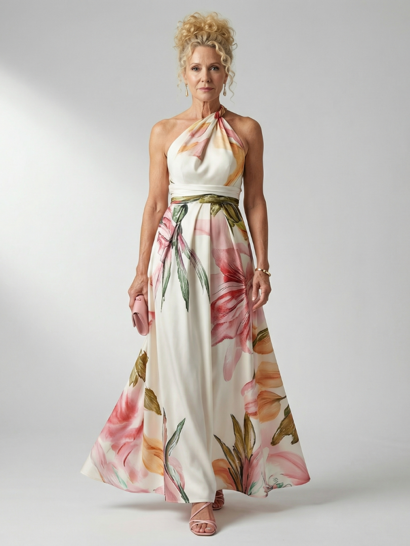 Adelheid | Women's Sleeveless Floral Halter Neck Maxi Dress