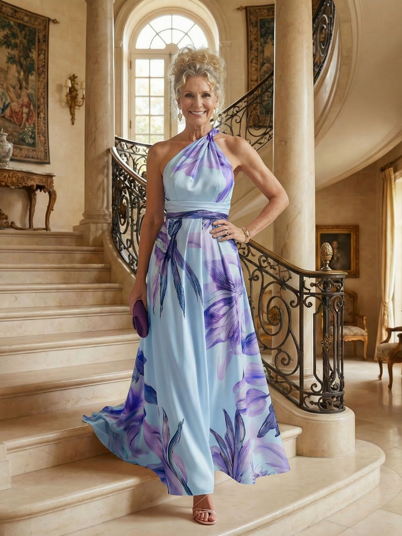 Adelheid | Women's Sleeveless Floral Halter Neck Maxi Dress
