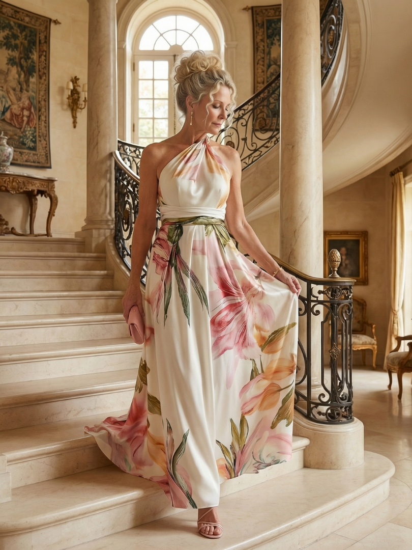 Adelheid | Women's Sleeveless Floral Halter Neck Maxi Dress