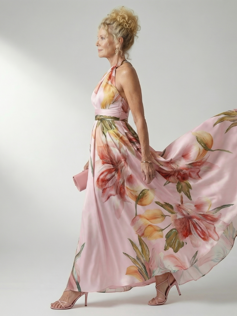 Adelheid | Women's Sleeveless Floral Halter Neck Maxi Dress