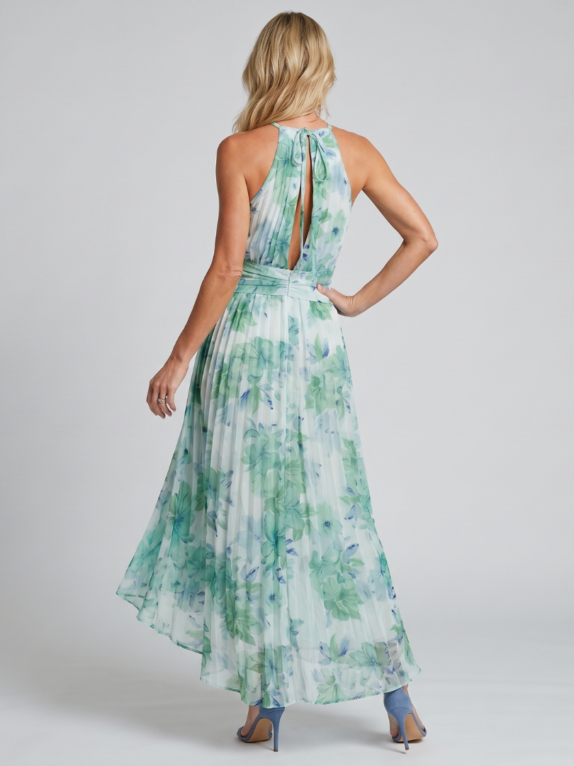Adelina | Women's Halter Neck Pleated Floral Midi Dress