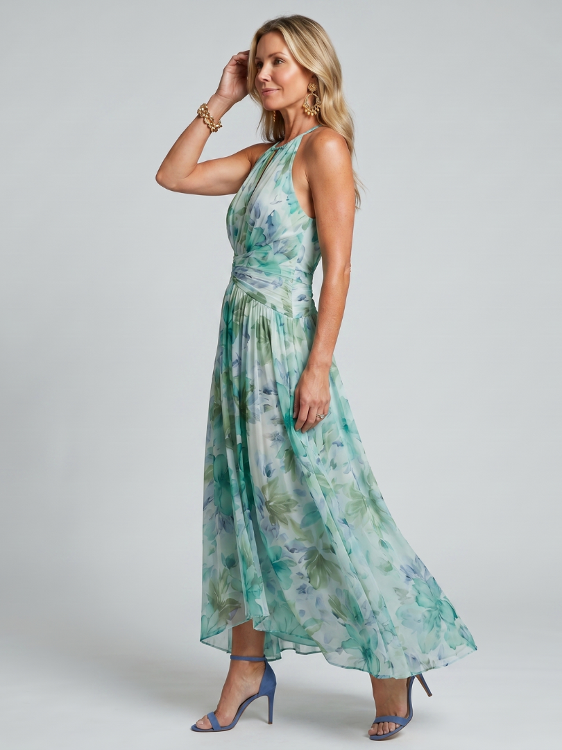 Adelina | Women's Halter Neck Pleated Floral Midi Dress