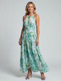 Adelina | Women's Halter Neck Pleated Floral Midi Dress