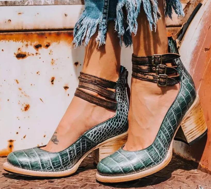 Adeline | Women's Round Toe Triple Buckle Stacked Heel Sandals