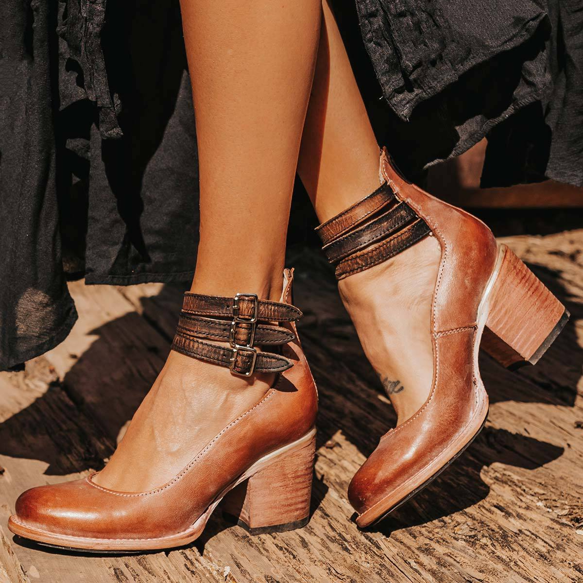 Adeline | Women's Round Toe Triple Buckle Stacked Heel Sandals
