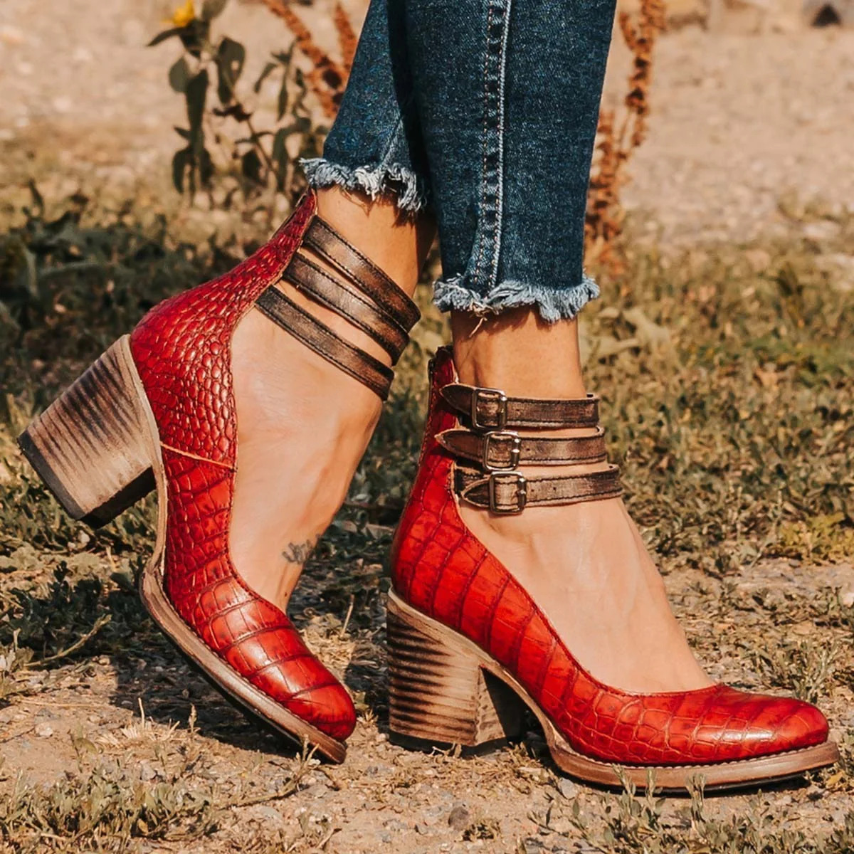 Adeline | Women's Round Toe Triple Buckle Stacked Heel Sandals