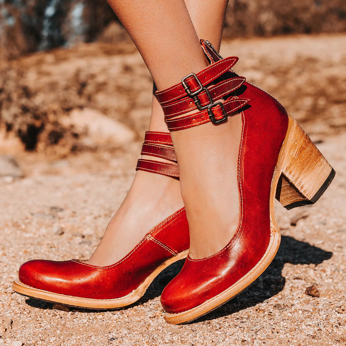 Adeline | Women's Round Toe Triple Buckle Stacked Heel Sandals