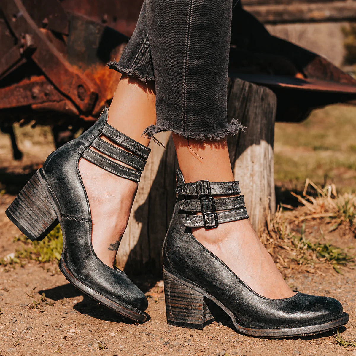 Adeline | Women's Round Toe Triple Buckle Stacked Heel Sandals