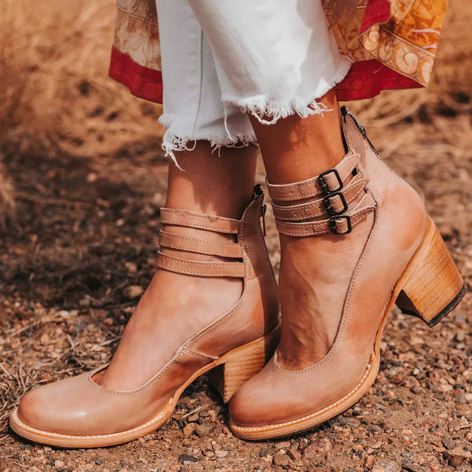 Adeline | Women's Round Toe Triple Buckle Stacked Heel Sandals