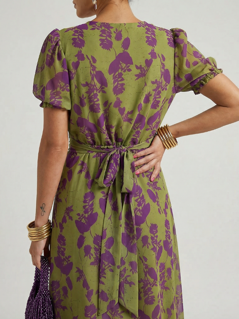 Adelyn | Women's V-Neck Floral Puff Sleeve Midi Dress