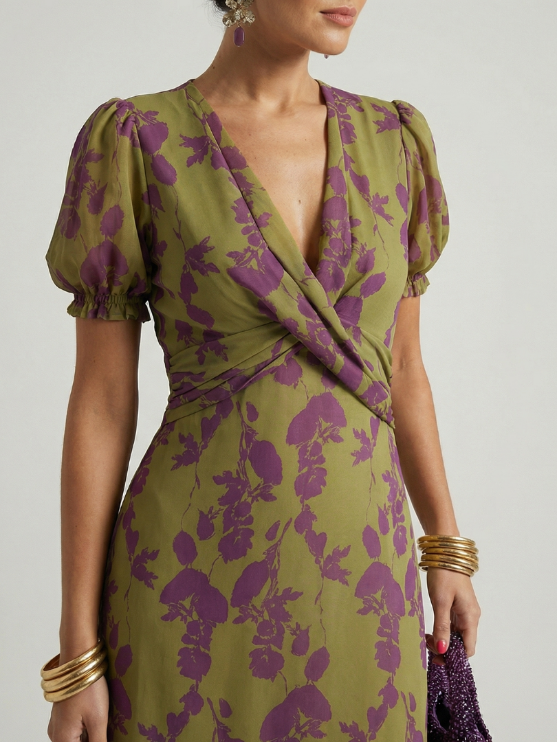 Adelyn | Women's V-Neck Floral Puff Sleeve Midi Dress