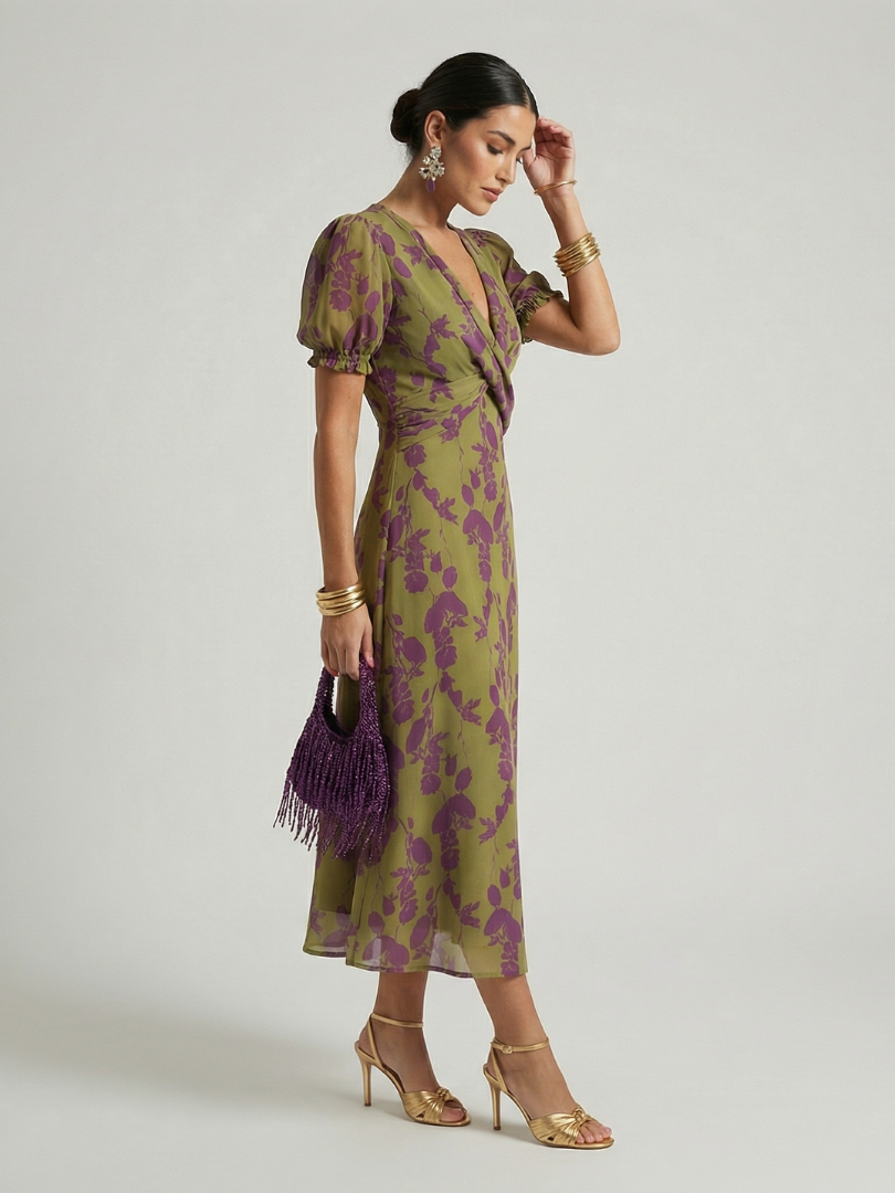 Adelyn | Women's V-Neck Floral Puff Sleeve Midi Dress