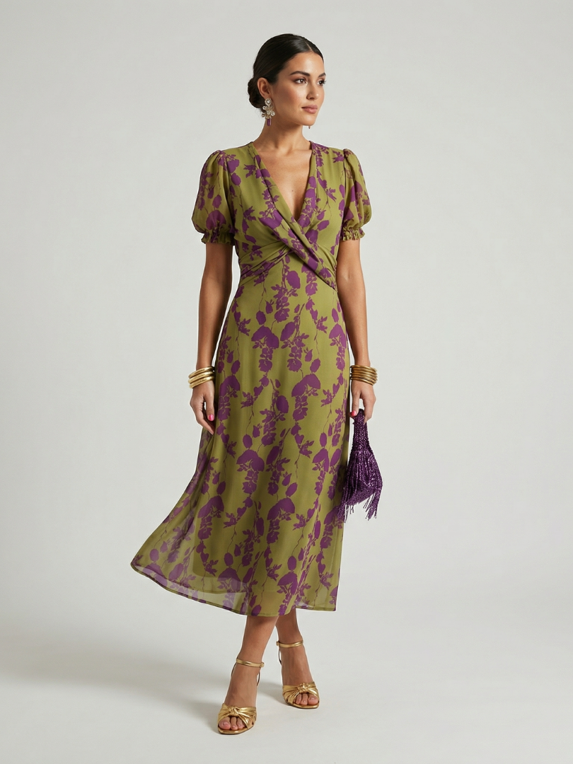 Adelyn | Women's V-Neck Floral Puff Sleeve Midi Dress