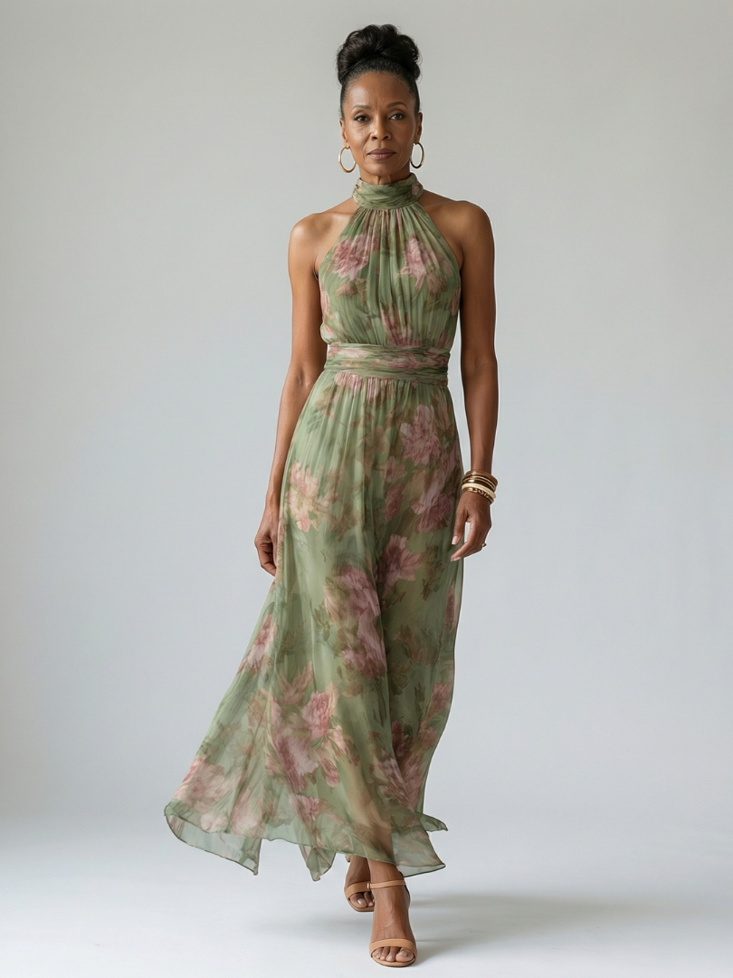 Adelynn | Women's Sleeveless Floral Halter Neck Midi Dress