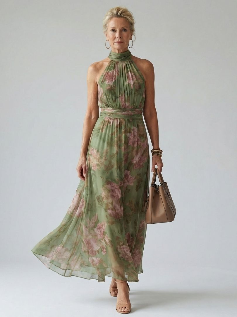 Adelynn | Women's Sleeveless Floral Halter Neck Midi Dress