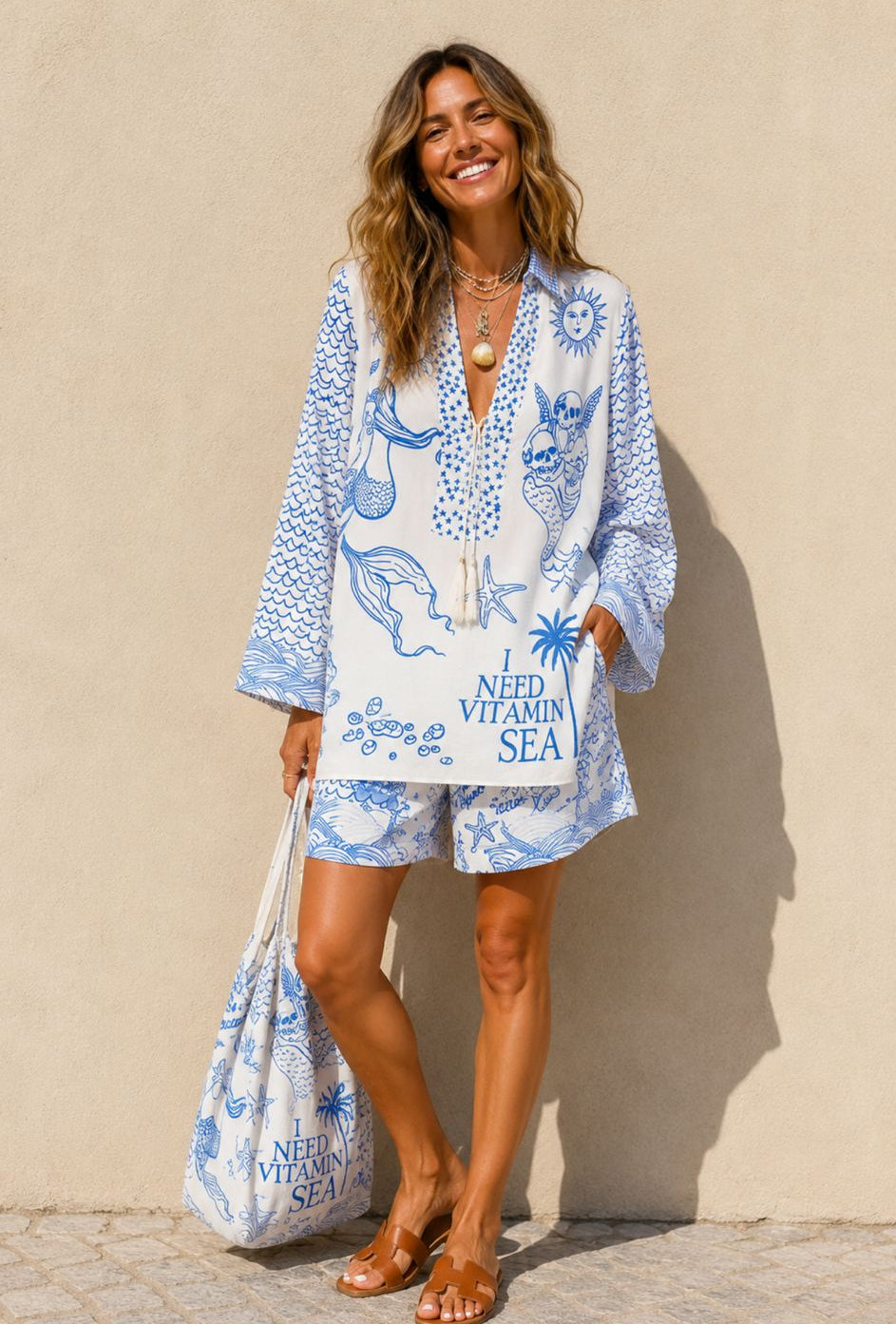 Adorlee | Women's Ocean Print V Neck Long Sleeve Two Piece Set