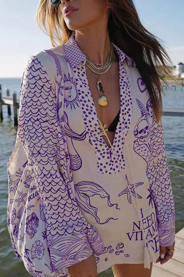 Adorlee | Women's Ocean Print V Neck Long Sleeve Two Piece Set