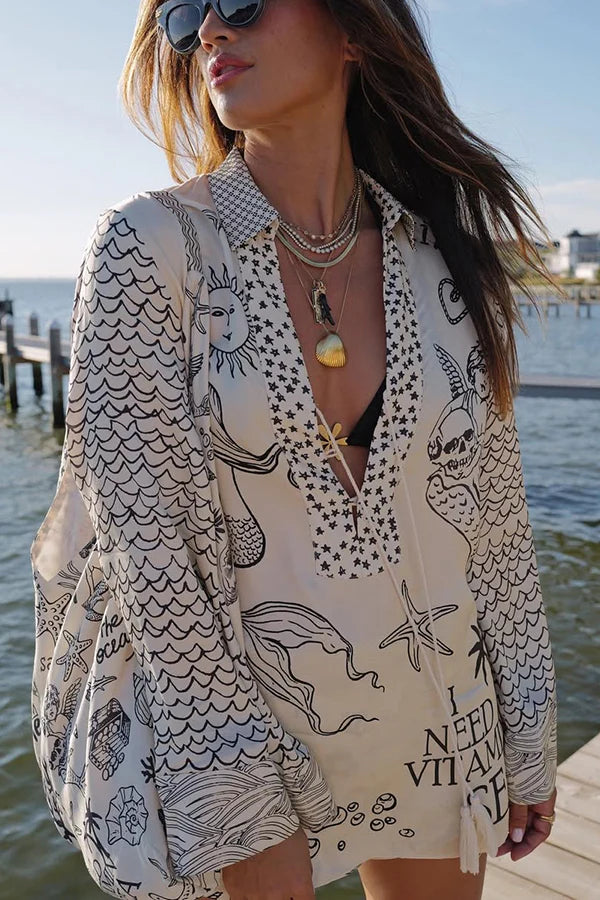 Adorlee | Women's Ocean Print V Neck Long Sleeve Two Piece Set