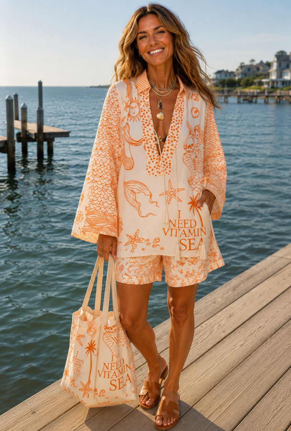 Adorlee | Women's Ocean Print V Neck Long Sleeve Two Piece Set