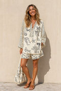 Adorlee | Women's Ocean Print V Neck Long Sleeve Two Piece Set