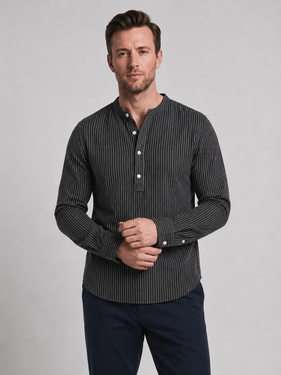 Adriana | Men's Buttoned Stand Collar Long Sleeve Shirt