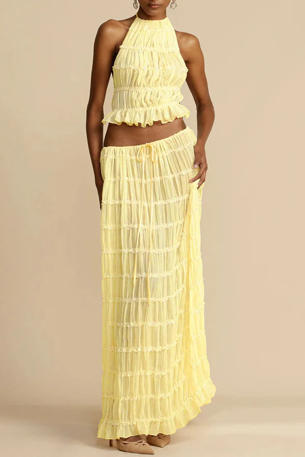 Afanen | Women's Pleated Drawstring Tiered Maxi Skirt