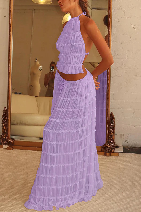 Afanen | Women's Pleated Drawstring Tiered Maxi Skirt