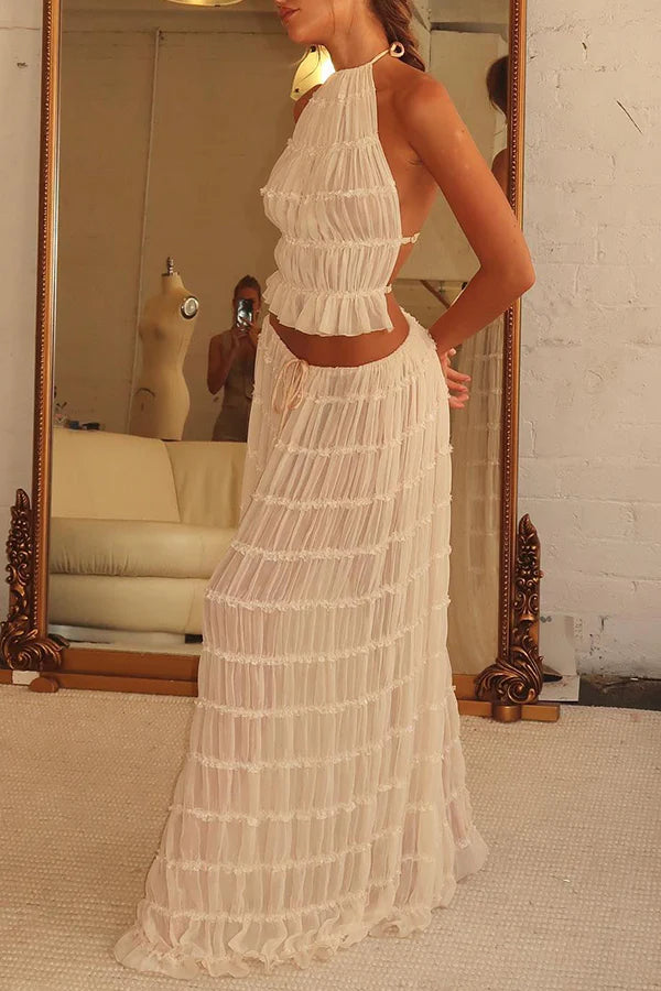 Afanen | Women's Pleated Drawstring Tiered Maxi Skirt