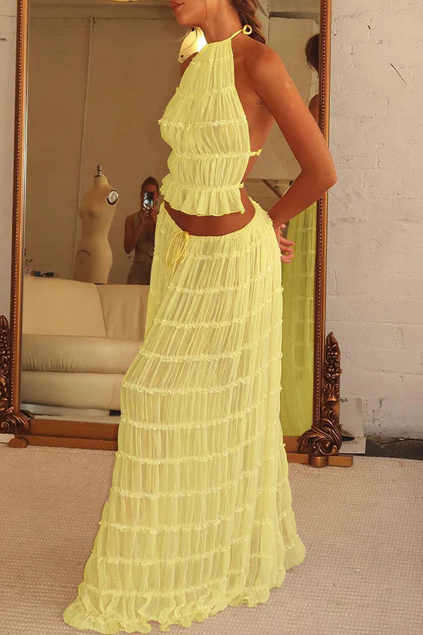 Afanen | Women's Pleated Drawstring Tiered Maxi Skirt